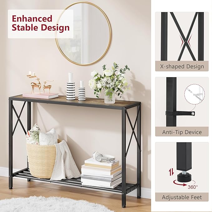 Tajsoon Console Table 41.8”, 2-Tier Industrial entryway Table, Narrow Sofa Table with Shelves, Entrance Table for Entryway, Hallway, Living Room, Foyer, Corridor, Office, Grey & Black