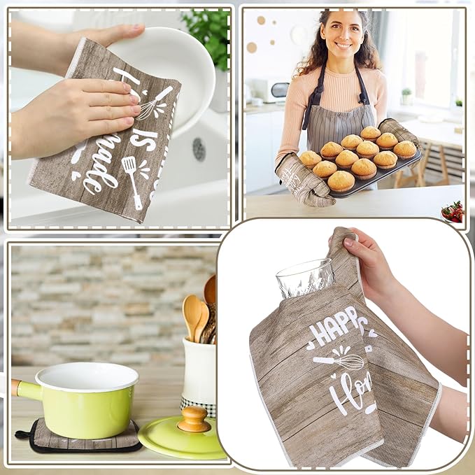 Fourluoo 10 Pcs Farmhouse Kitchen Decor and Accessories Set 4 Kitchen Towels 2 Pot Holders 2 Oven Mitts 2 Rugs for Cooking Baking Mom Housewarming Gifts(Brown,Classic Style)