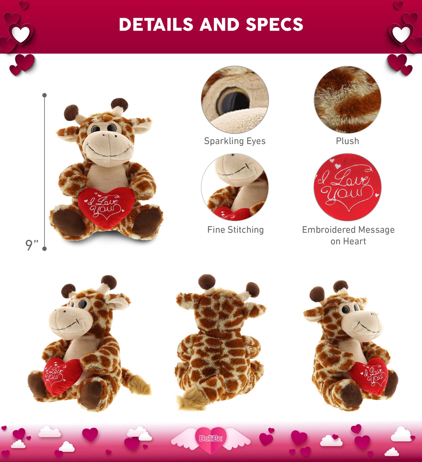 DolliBu I Love You Valentine Plush Sitting Giraffe - Cute Stuffed Animal with Red Heart and Name Personalization Gift for Valentines Day, Birthday, Anniversary, Romantic Date - 9 Inches