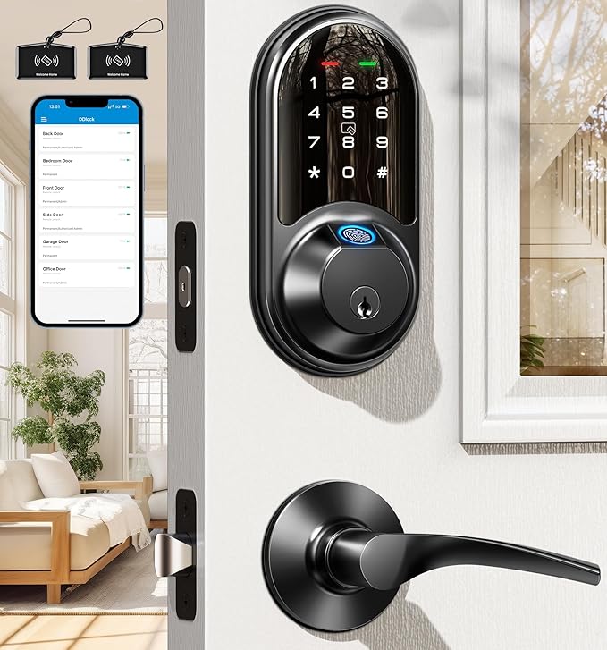 Veise RZ07B Smart Locks for Front Door, 2 Lever Handles, Fingerprint Keyless Entry, App Control Biometric Door Lock Set, Touchscreen Keypad Deadbolt, Easy Install, Auto Locking, Matte Black