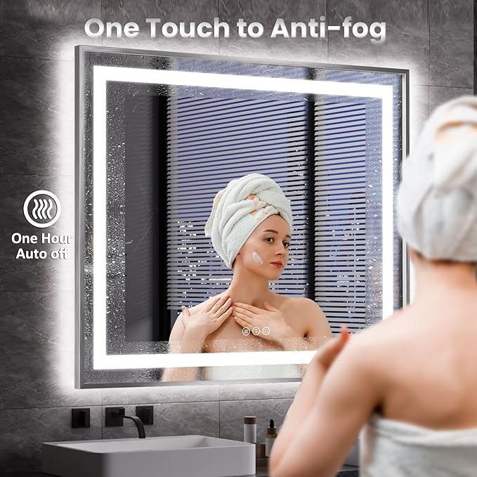 Amorho 36"X36" LED Bathroom Mirror, Brushed Nickel Framed Mirror with Front Light and Backlit, Stepless Dimmable, Anti-Fog, Shatter-Proof, Memory, 3 Colors
