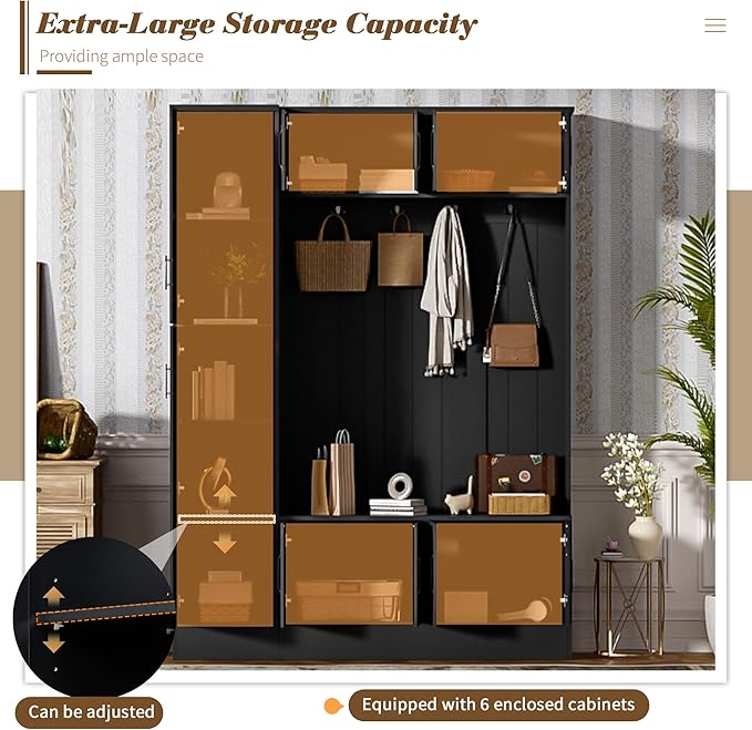 79'' Tall Modern Hall Tree with Shoe Storage and 4 Coat Hooks, 4-in-1 Entryway Bench with 6 Cabinets and Adjustable Shelf for Hallway, Living Room (Black/33f)