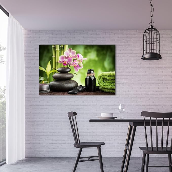 GUTTATY Zen Wall Art Decor, Modern Bathroom Zen Decor Wall Art, Canvas Wall Art for SPA Zen Room Decor, Green Bamboo and Pebble Relaxing Art Prints for Office & SPA Wall Decor 24x36 Inches