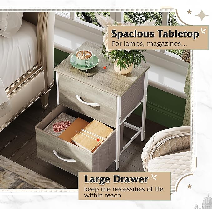 WLIVE Nightstand, 2 Drawer Dresser for Bedroom, Small Dresser with 2 Drawers, Bedside Furniture, Night Stand, End Table with Fabric Bins for Bedroom, Closet, College Dorm, Greige Oak