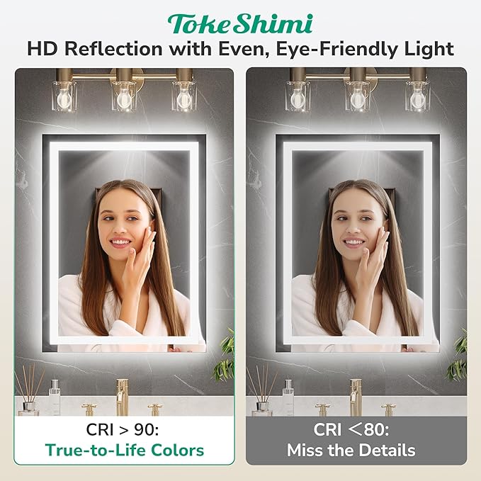 TokeShimi 36x36 LED Bathroom Vanity Mirror with Lights 3 Colors,LED Mirror for Bathroom,Front Lit + Backlit Stepless Dimmable,Anti-Fog,Memory,HD Tempered Glass,UL Listed,Waterproof