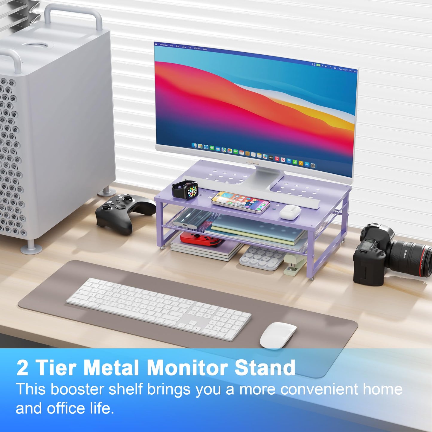 gianotter 2-Tier Metal Monitor Stand Riser, Office Desk Storage Organizer for Computer Monitor, Laptop, Printer, Office Supplies (Purple)