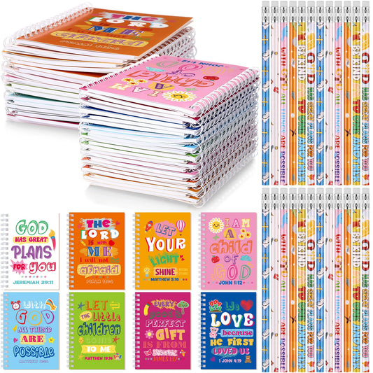 Crtiin 48 Pcs Include 24 Bible Verse Notepad 24 Pencils Kids Christian Church Gifts Students Classroom Award Religious Notebook Bible Pencils Prayer Pocket Sunday School(Classic Style,Eclectic)