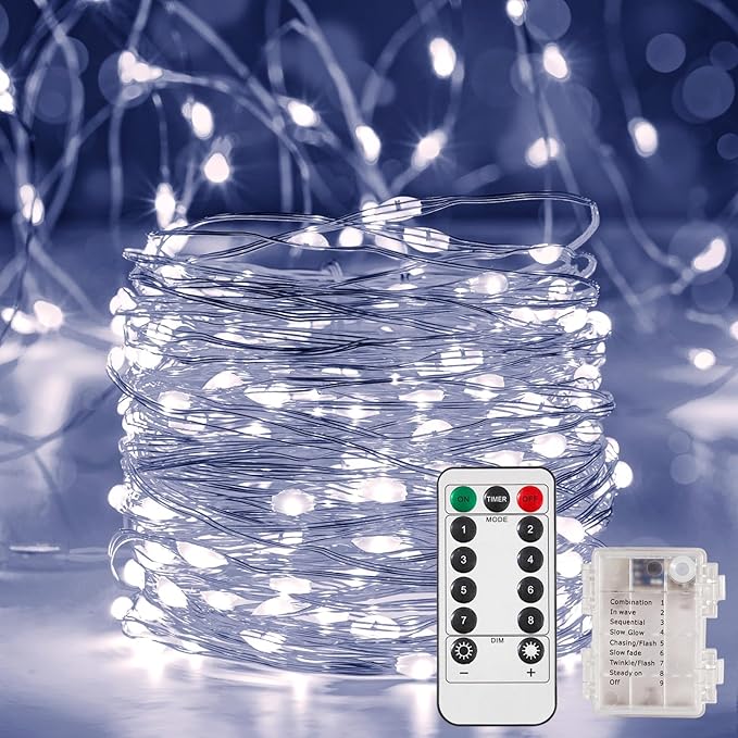 4 Pack 16.4 Ft. Battery Operated Outdoor String Lights with Remote & Timer, LED Cool White Fairy Lights, Waterproof Twinkle Lights for Bedroom, Dorm, Mason Jar, Wedding, Party, Christmas
