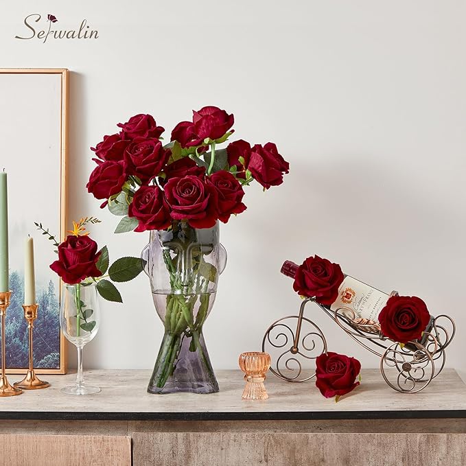 Serwalin 20pcs Red Roses Artificial Flowers, 4'' Big Velvet Flower Head Fake Roses, Realistic Silk Roses Bouquet Long Stems for Wedding Home Decor and Table Centerpiece