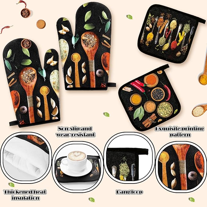 Fourluoo 10 Pcs Farmhouse Kitchen Decor and Accessories Set 4 Kitchen Towels 2 Pot Holders 2 Oven Mitts 2 Rugs for Cooking Baking Mom Housewarming Gifts(Vivid Color,Colorful Spices)