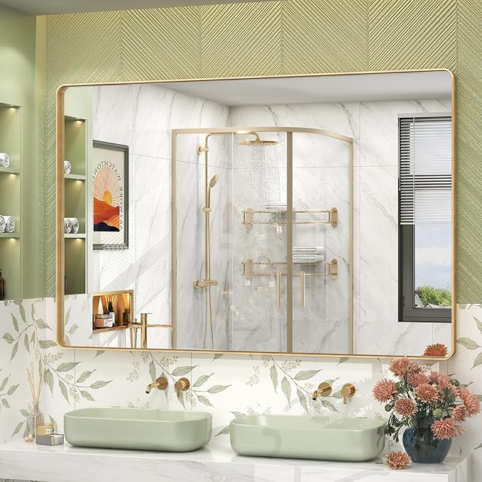 55x36 Inch Gold Framed Bathroom Mirror, Rectangle Brushed Gold Metal Vanity Mirror, Large Modern Mirror for Wall, Rounded Corner, Tempered Glass, Anti-Rust, Shatterproof (Horizontal/Vertical)