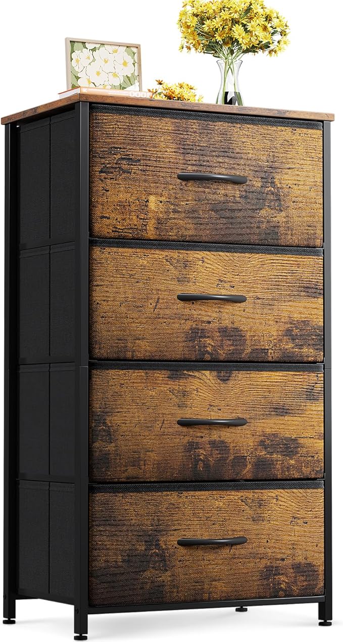 ODK Dresser for Bedroom with 4 Storage Drawers, Small Dresser Chest of Fabric Drawers with Sturdy Steel Frame, Wood Top, Vintage