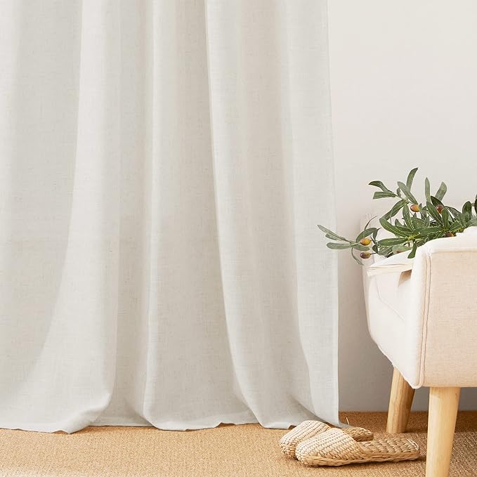 RYB HOME Linen Sheer Curtains 63 inch Length 2 Panels, Privacy Semi Sheer Curtains Light Glare Filtering Country Rustic Drapes for Farmhouse Bedroom, Living Room Decor, 52" W x 63" L, Linen