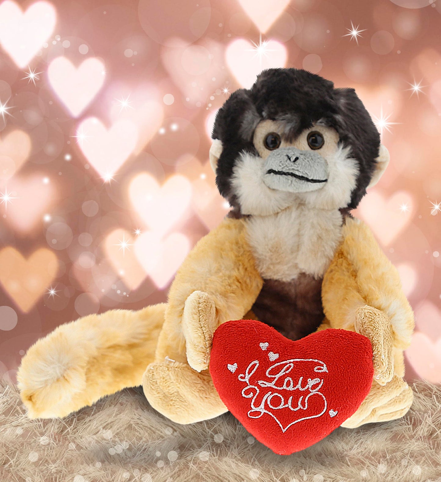 DolliBu I Love You Valentine Plush Squirrel Monkey - Cute Stuffed Animal with Red Heart and Name Personalization Gift for Valentines Day, Birthday, Anniversary, Romantic Date - 12.5 Inches