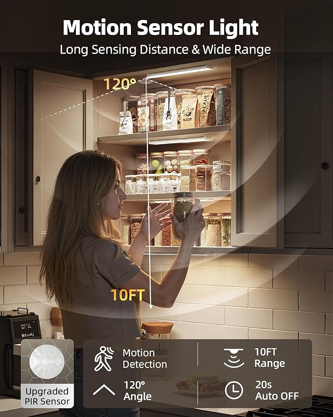 16inch Under Cabinet Lighting, 6Pack Rechargeable Motion Sensor Light Indoor, Magnetic Closet Lights with Dimmable & 3 Color Temps, Wireless Under Counter Lights for Kitchen, Stairs