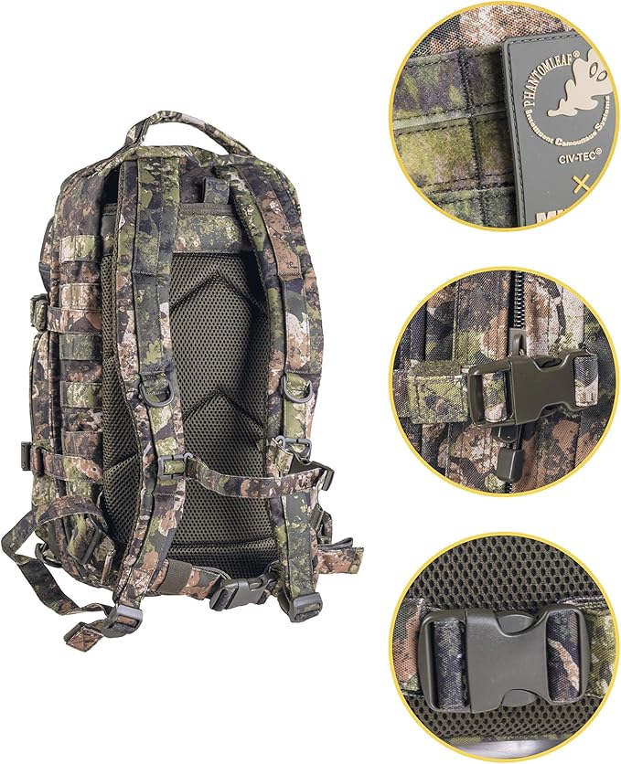 Mil-Tec Unisex Assault Pack - Rugged Durable Lightweight Ergonomic Versatile Tactical Outdoor Camping Hiking Backpack with Adjustable Padded Shoulder Straps & MOLLE Loops, Phantomleaf WASP I Z3A, 20L