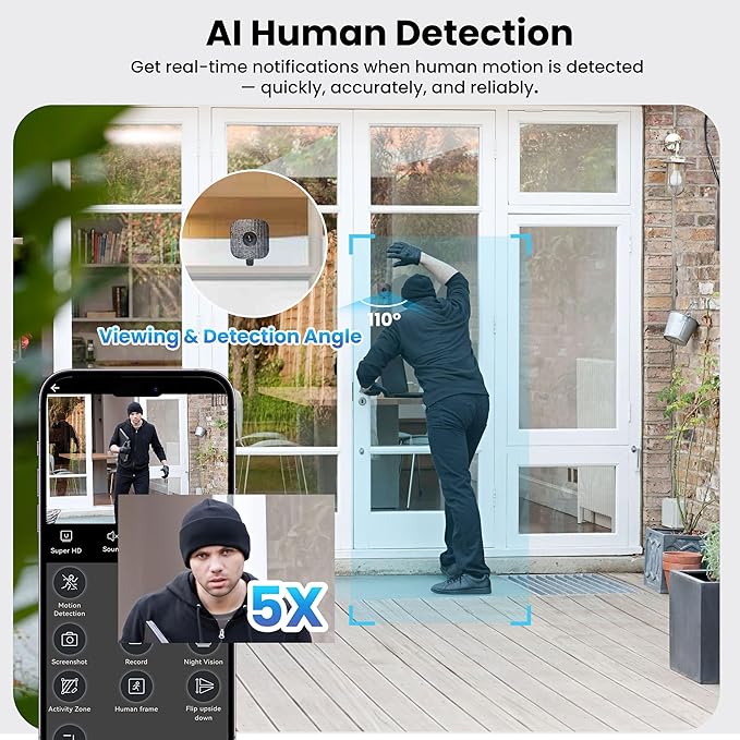 2K Window Camera with 32GB Memory Card, 5GHz & 2.4GHz WiFi Indoor Cameras for Home Security with AI Starlight Color Night Vision, AI Person & Motion Detection, Easy & Quick Install, 24/7 Recording