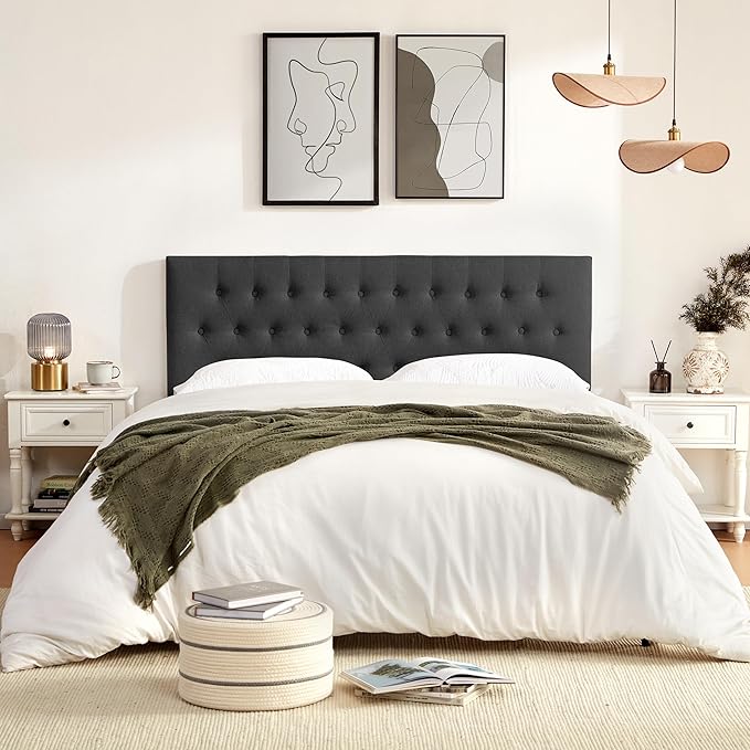Tufted Upholstered Headboard Full Size, Solid Wood Head Board with Durable Metal Legs, Adjustable Height Full XL headboard from 37” to 51” Fabric Headboard in Modern Button Design, Black