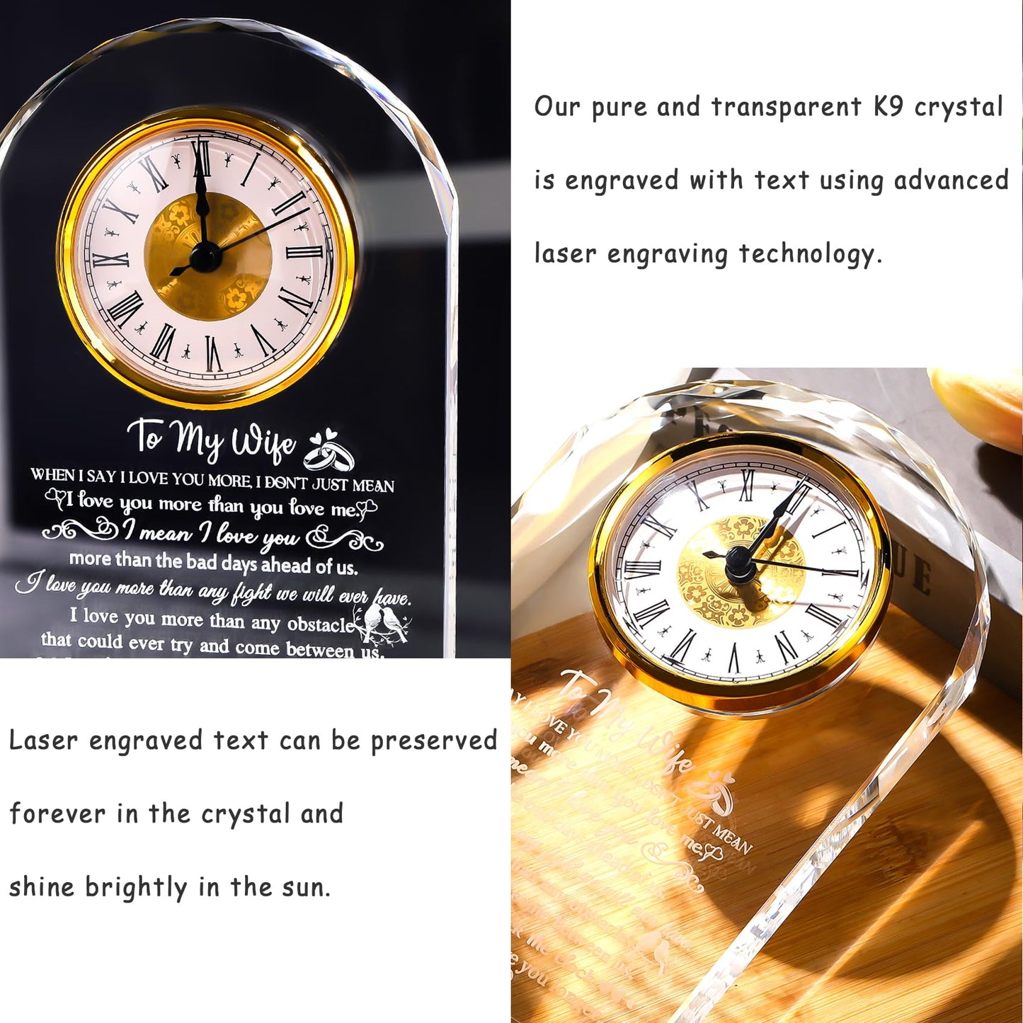 Ornalrist Gifts for Wife from Husband - Crystal Clock, Birthday, Wedding Anniversary Marriage Gifts Idea - to My Wife Clock Presents for Valentines Mother's Day (8.8'' Gift Boxed)
