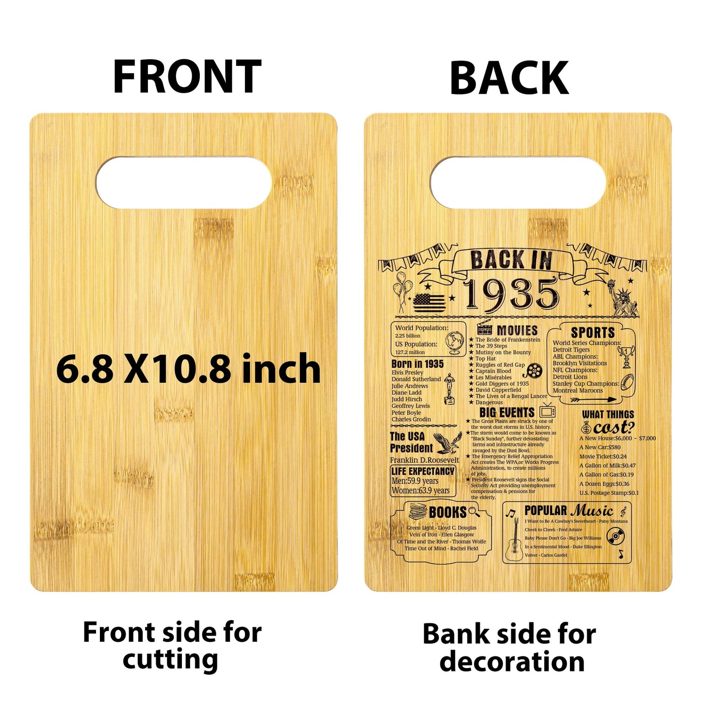90th Birthday Gifts For Women or Men, Back In 1935 Cutting Board 90th Birthday Decorations, 90 Year Old Anniversary Birthday Gifts