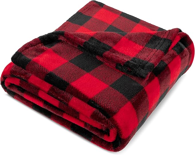 PAVILIA Black and Red Buffalo Plaid Fleece Bed Blanket Queen Size, Soft Checkered Flannel Blanket for Sofa, Plaid Christmas Couch Throw Bed, Warm Cozy Decorative Blanket Fall Decor Gift, 90x90