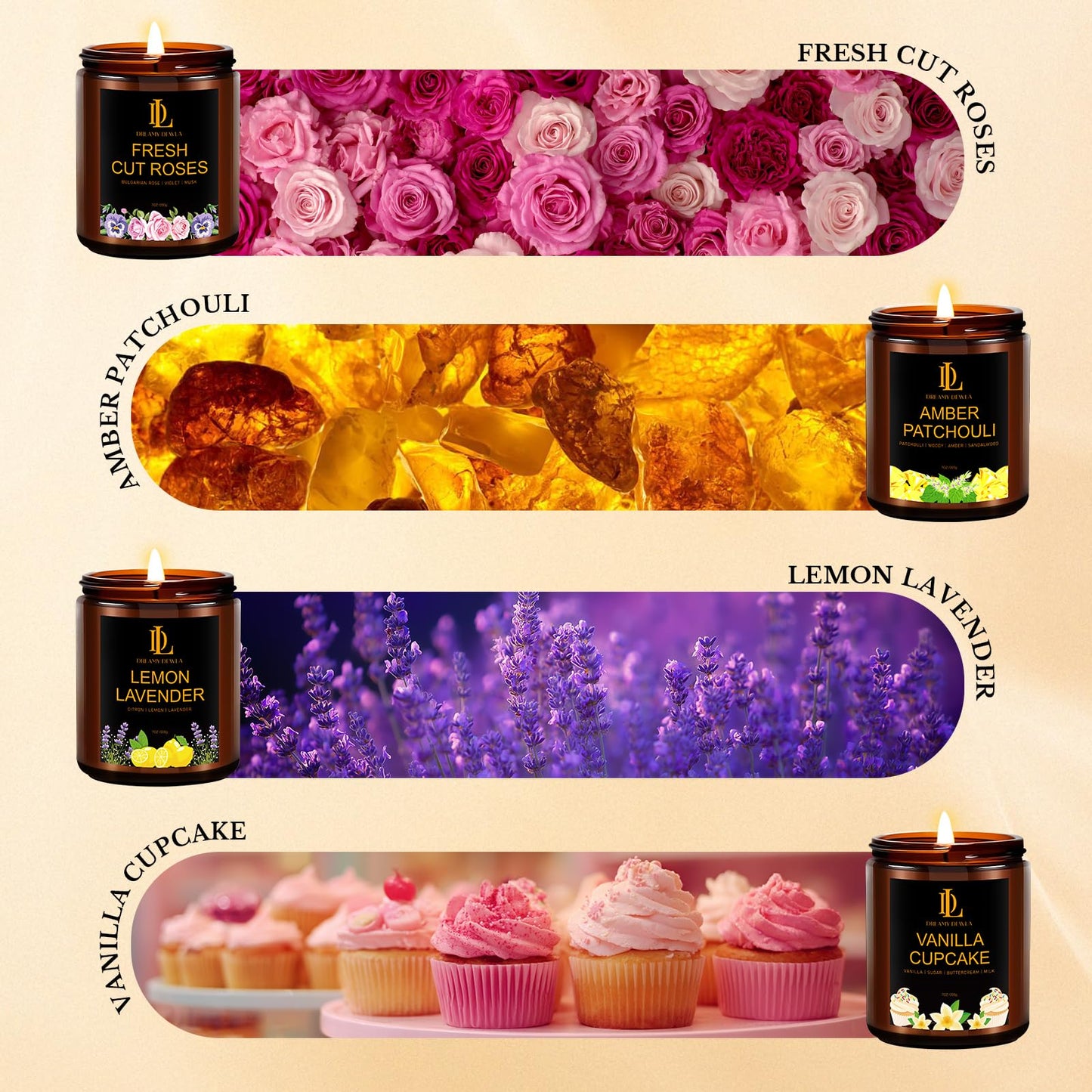 4 Pack Scented Candles Gift Set, 28oz Soy Candle for Home Scented, Aromatherapy Candle Gifts for Women & Men, Scents of Fresh Cut Roses/Lemon Lavender/Vanilla Cupcake/Amber Patchouli