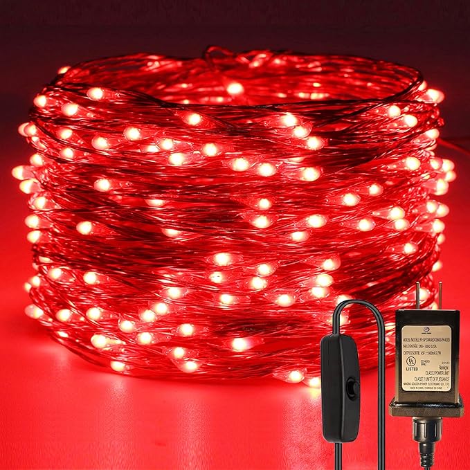 RUICHEN Plug in Fairy String Lights with Switch, Waterproof 66 Ft 200 LED Copper Wire Firefly Lights for Christmas, Parties, Wedding, Ceiling, Craft, Vases, Red