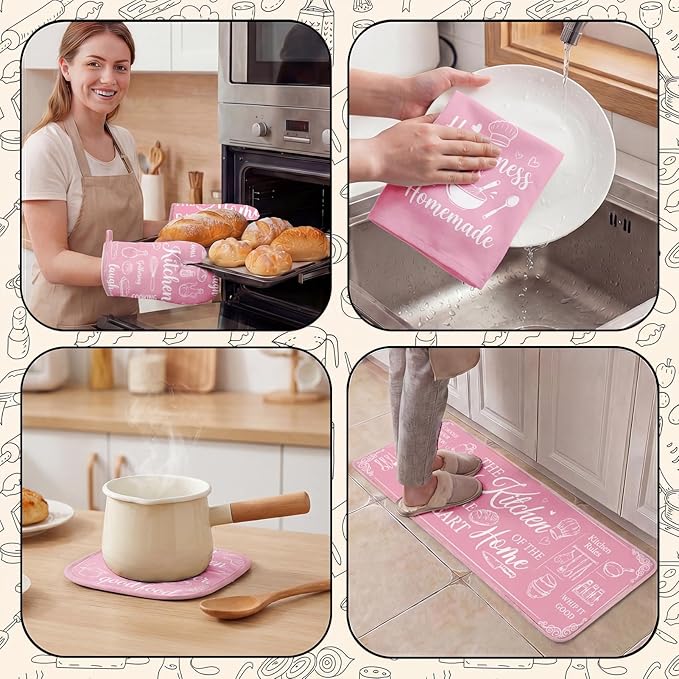 Pink Kitchen Accessories Set 10 Piece - Cute Baking Theme Kitchen Towels, Rugs, Oven Mitts and Pot Holders - Happiness is Homemade Retro Decor Gift for Baker, Mom, Women