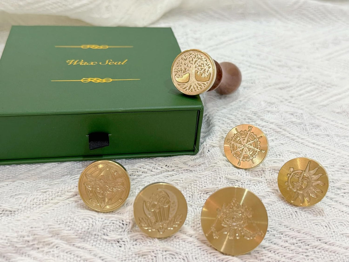 FAMOUS 6Pcs Wax Seal Stamp Gift Box Set, Brass Head+Wooden Handle, Vintage Seal Kit for Cards & Envelopes, Gift Packaging (Starry Universe Series)