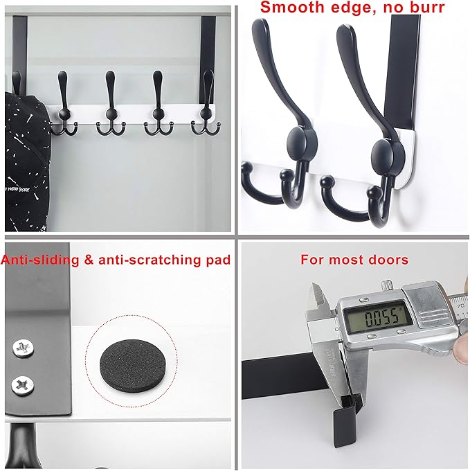Dseap Over The Door Hook Hanger - Fits 1 3/8" to 1 3/4" Standard Doors | 5 Tri Hooks Heavy Duty Towel/Coat Rack | Door Organizer for Clothes, Jackets, Hats, Towels, White & Black, Pack of 2