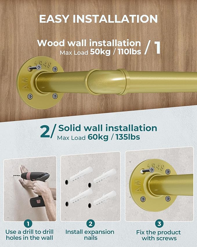 OROPY Industrial Pipe Clothes Rack Wall Mounted Set of 2, 38.4 inches Heavy Duty Iron Pipe Clothing Garment Rail, Multi-Purpose Clothing Hanging Rod for Laundry Room and Closet Storage, Gold