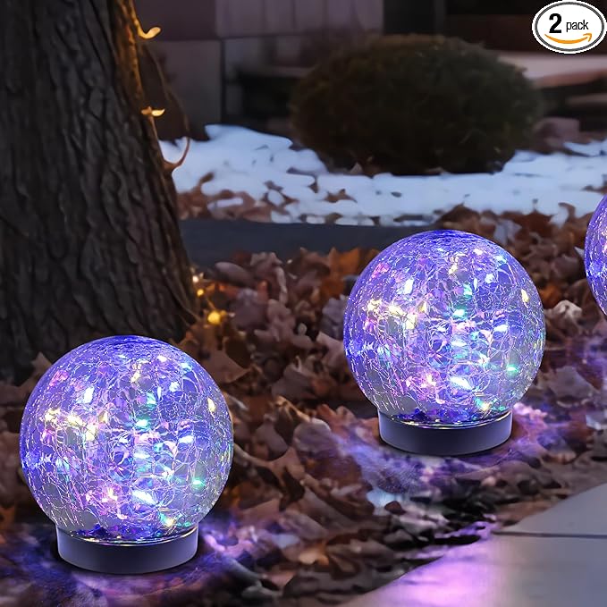 Solar Globe Lights Outdoor Waterproof-Solar Balls-Solar Garden Lights-Orbs for Outside 2 Pack Cracked Glass Ball for Lawn Patio Yard Backyard Decorations