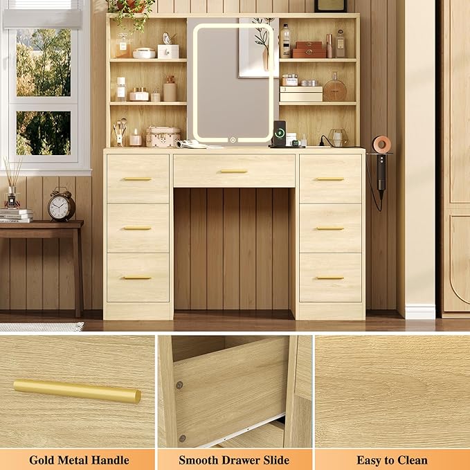 47'' W Large Vanity Desk with Mirror and Lights, 8 Storage Shelves 7 Drawers Vanity Table, Big Makeup Vanity Desk with 3 Lighting Modes, Vanity Dresser with Charging Station, Sliding Mirror (Natural)