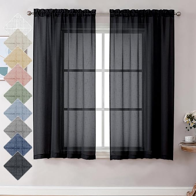 Aiyufeng Kirei Black Sheer Curtains 63 Inch Length 2 Panels, Faux Linen Slub Textured Soft Breathable Rod Pocket Light Filtering Curtain for Living Room Bedroom Kitchen, Each 40Wx63L Inch