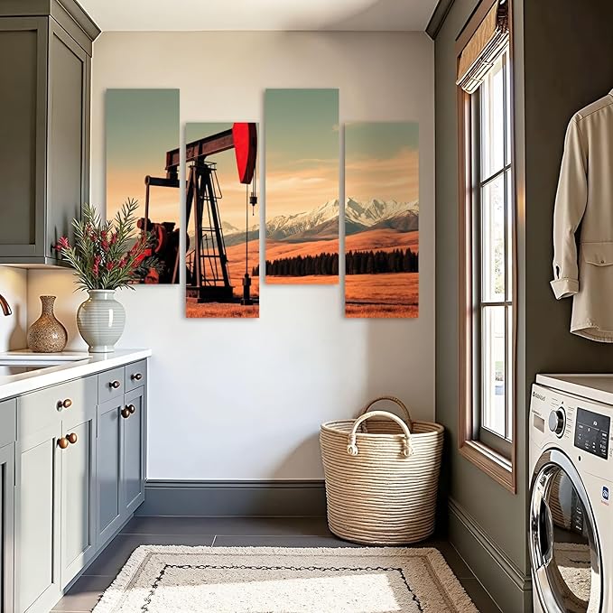 Canvas Wall Art Prints Pictures Oil Gas Pump Mountains Framed Posters Modern Wall Painting Artwork Gift Home Decor for Living Room Ready to Hang 4 Panel