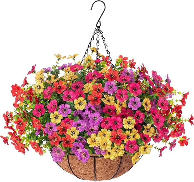 Orgrimmar Artificial Hanging Flowers Basket Outdoor Fake Hanging Plants UV Resistant Realistic Silk Flowers Eucalyptus in Coconut Lining Baskets for Home Porch Balcony Patio Yard Muti-Color