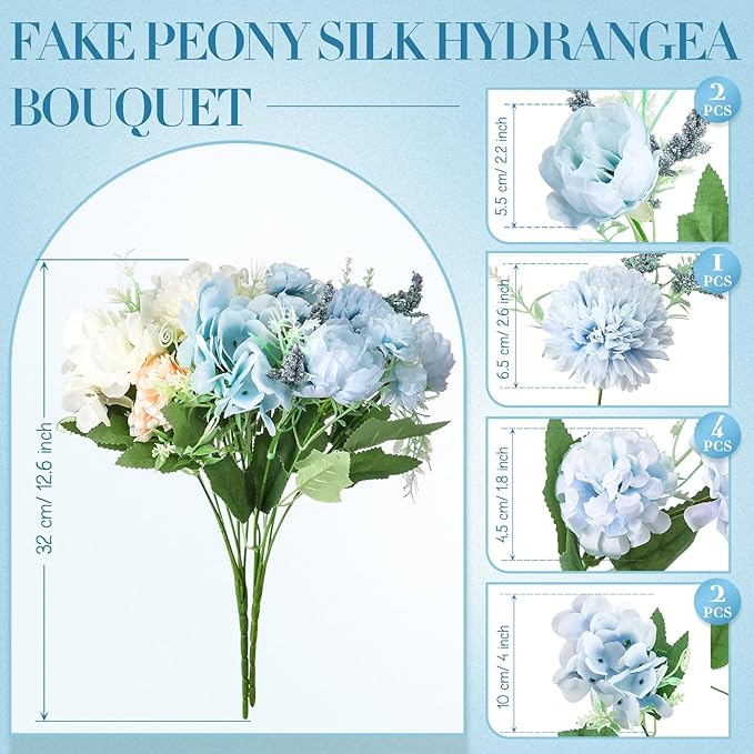 Tigeen Artificial Flowers Artificial Peonies Silk Flowers Faux Peony Fake Peony Silk Hydrangea Bouquet for Wedding Table Centerpiece Floral Vase Decor(White,Blue,12 Bundles)