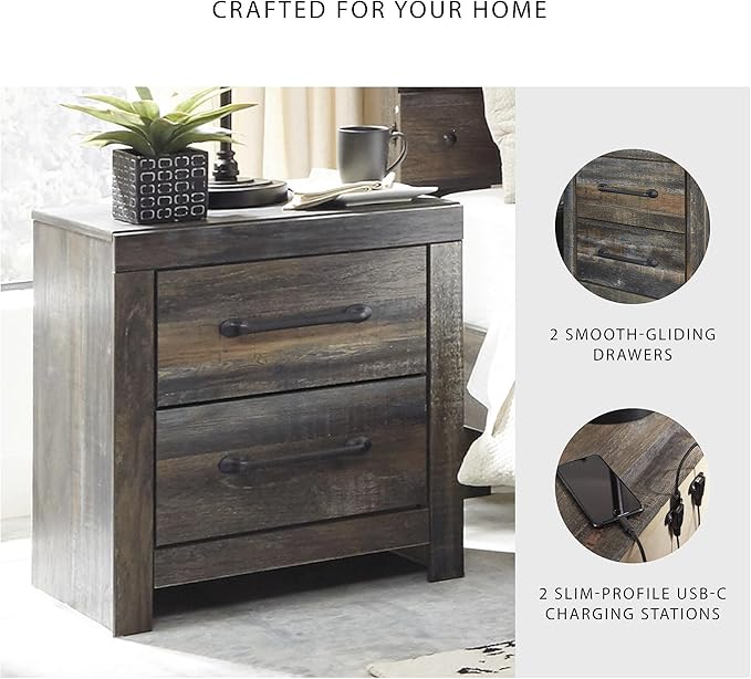 Signature Design by Ashley Drystan Rustic Industrial 2 Drawer Nightstand with 2 Slim-Profile USB Charging Stations, 24.37" Tall, Weatherworn Brown