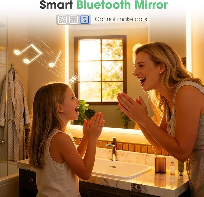 S'bagno 32" x 24" LED Bathroom Mirror with Lights, Bluetooth Speaker, Anti-Fog & Waterproof, Dimmable Wall Mirror with Touch Control, 3 Light Colors, Vertical or Horizontal, Ideal for Family Bathrooms