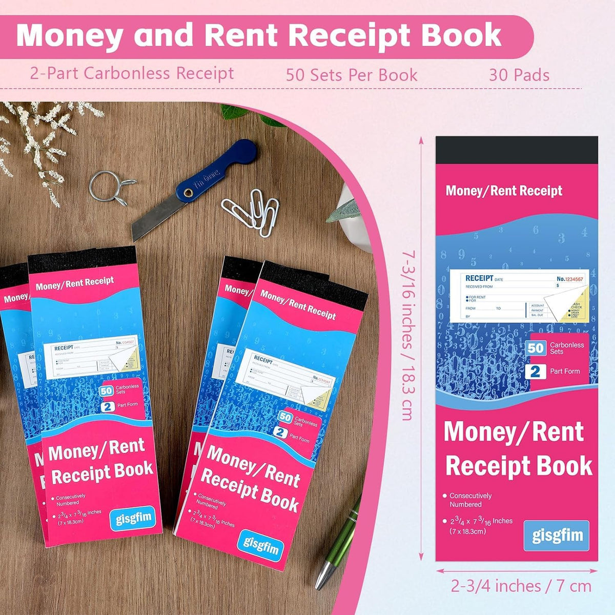 gisgfim 30 Pads Receipt Book with Carbon Copies Money and Rent Receipt Book 2 Part Carbonless Bound Wraparound Cover Petty Cash Business Invoice Book for Small Business 2-3/4 x 7-3/16Inch 50 Set/Book