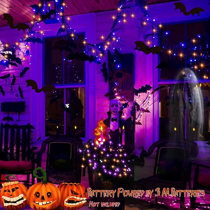 echosari 2 Pack Halloween Fairy Lights Battery Operated, 200 LED 66Ft Auto Timer Silver Wire Starry String Lights 8 Modes for Outdoor Garden Yard Fence Decor (Purple & Orange)