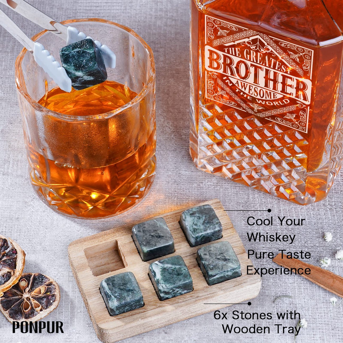 PONPUR Gifts for Brother, Whiskey Decanter Set with 2 Whisky Glasses, Unique Cool Stocking Stuffers Birthday Gift for Brothers from Sister, Best Christmas Presents for Men