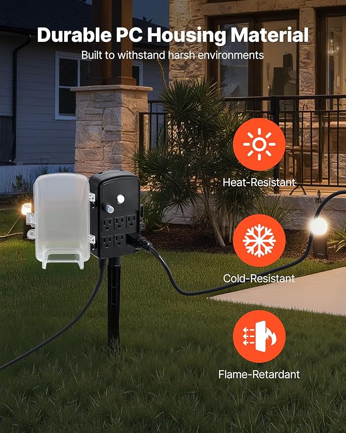 VEVOR Outdoor Power Stake Waterproof, 50 FT Extension Cord, Outdoor Power Strip, Weatherproof with Cover and Overload Protection, 6 Outlets, 15A/1875W for Halloween/Christmas Lights Decorations