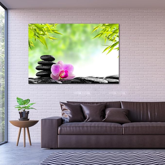 GUTTATY Zen Wall Art Decor, Modern Bathroom Zen Decor Wall Art, Canvas Wall Art for SPA Zen Room Decor, Green Bamboo Leaves and Pebble Relaxing Zen Art Prints for Office & SPA Wall Decor 32x48 Inches