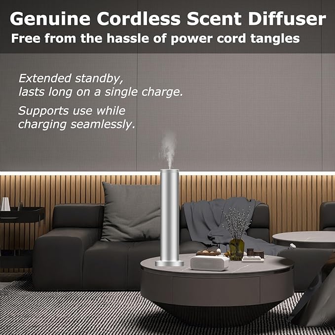 2026 Upgraded Cordless Rechargeable Diffuser - Hotel Scent Diffuser for Whole House- Scent Air Machine -App Bluetooth Control - Waterless Essential Oil Diffuser for Large Room, Studio Office -Silver