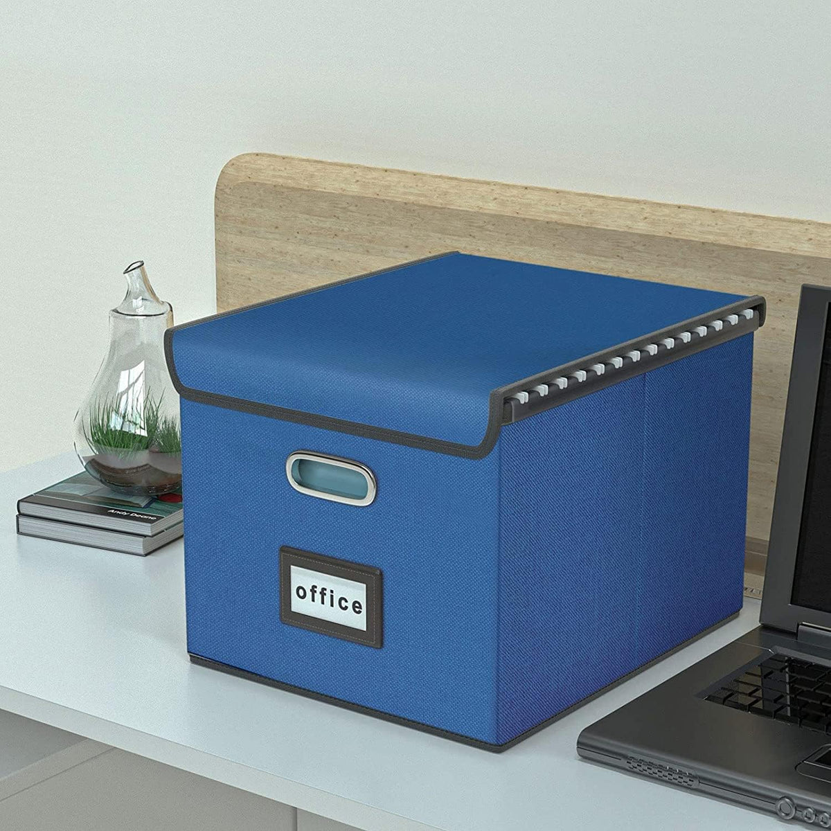 Huolewa Decorative File Organizer Boxes Office Document Storage with Lids, Portable Collapsible Linen Hanging Filing & Storage Boxes for Office/Decor/Home (Royal Blue) -14.9 x 12.7 x 10.8 inch -2 Pack
