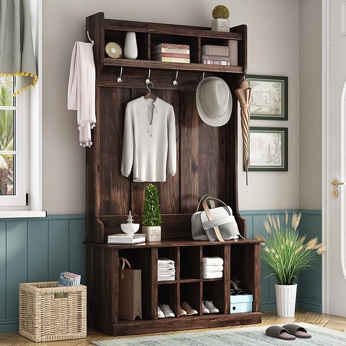 Retro 3-in-1 39.4INCH Hall Tree with 6 Hooks and Coat Hanger,Storage Bench and Open Shelves,for Livingroom Hallway Entryway Mudroom Use (Tiger@Hooks/)