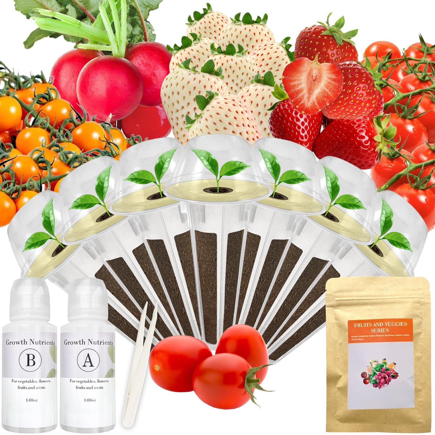 Red Strawberry and Pineberry Seed Pod Kit for AeroGarden, iDoo, Ahopegarden, MUFGA with Red Strawberry, Pineberry, Radish, Red Cherry/Golden Cherry Tomato - Compatible with All Hydroponics (7-Pod)