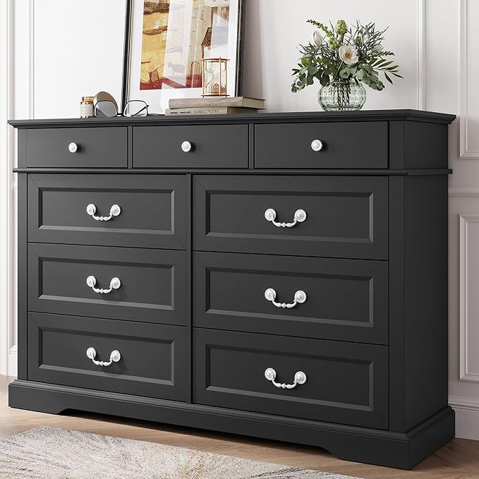 LINSY HOME 9 Drawers Dresser for Bedroom, Wood Modern Farmhouse Drawer Chest, Tall Black Dresser for Closet, Large Dressers with Storage Organizer for Living Room, Closet, Hallway