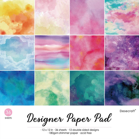 Desecraft 36 sheets 12x12 Paper Pad Pack Scrapbook Cardstock Decorative Paper - Shimmer Watercolor- for Card Making Journaling Planner Origami Scrapbook Paper Scrapbooking Supplies